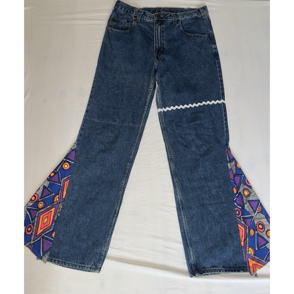 Customized Arizona Jeans Vintage Bell Bottoms 70s Geometric Print 33x30 Purple